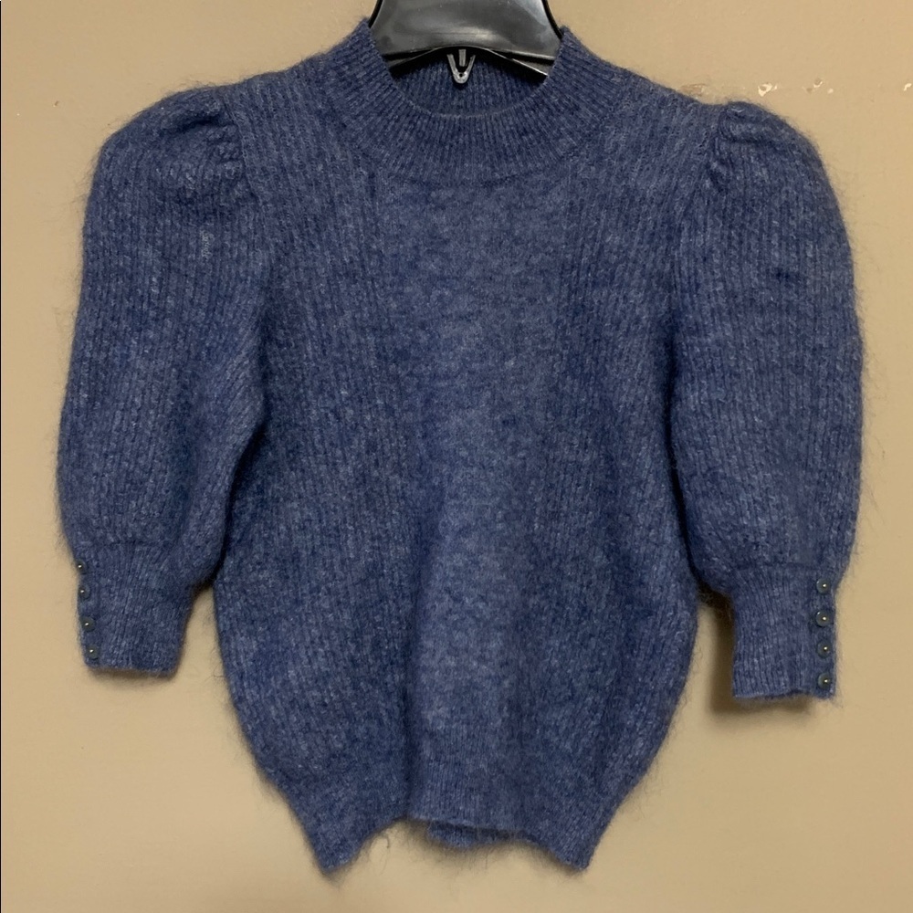 LA MAILLE SESANE Women's Mohair Merino Wool Blend CS Blue Mock-neck Sweater